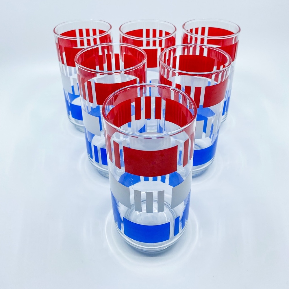 Vintage Libbey Red, White, and Blue Patriotic 10 oz Highball Tumblers • Set of 6